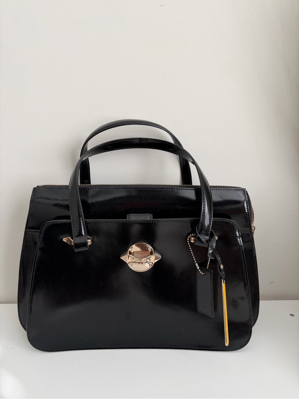 Classic Black Patent Satchel with Gold-Tone Accent
